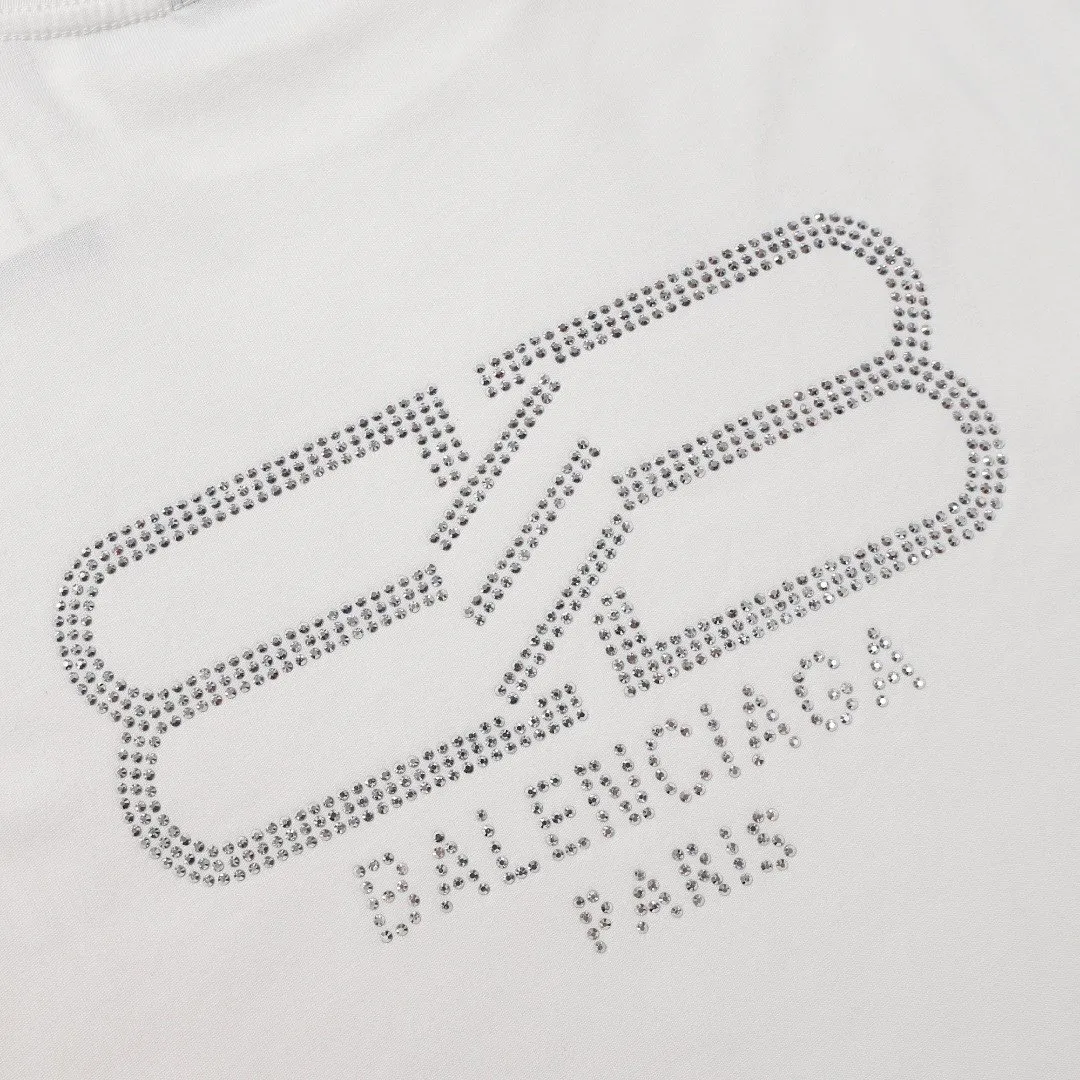 BALENCIAGA BB letter printed short-sleeved T-shirt, custom-woven and dyed 280g combed cotton fabric, zero color difference in threads, perfect details, different from the current version on the market, welcome to compare, Same Style for men and women, must-sell in the picture above Color: White Black Size: 1 2 3 4